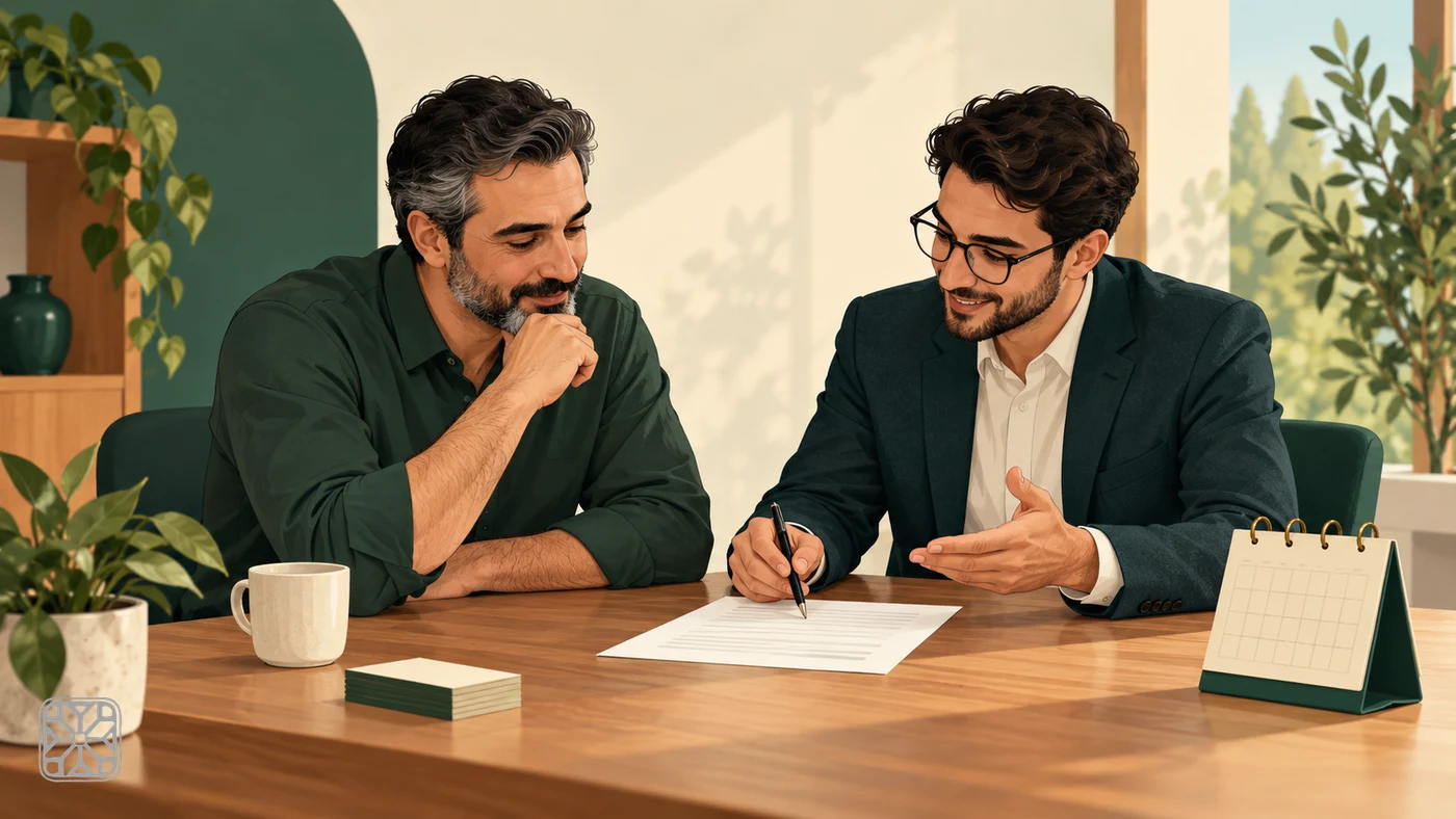 مدیر و نمایندهٔ تیم نرمافزار در حال بررسی توافق و زمانبندی روی میز