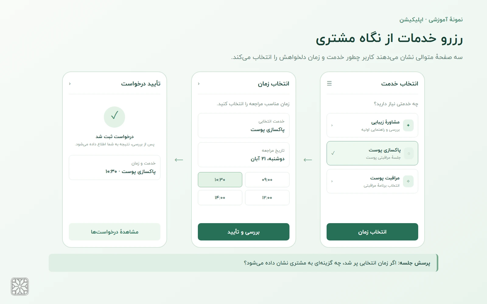 وایرفریم فارسی آموزشی اپلیکیشن رزرو خدمت شامل انتخاب خدمت، انتخاب زمان و تأیید درخواست