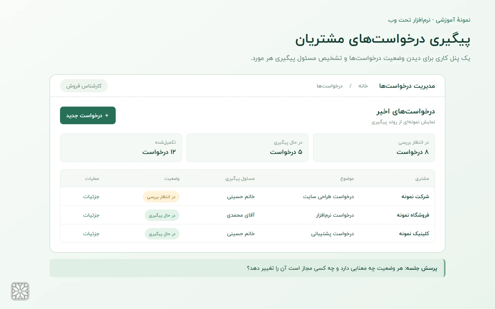 وایرفریم فارسی آموزشی پنل پیگیری درخواست مشتریان با مسئول و وضعیت هر درخواست