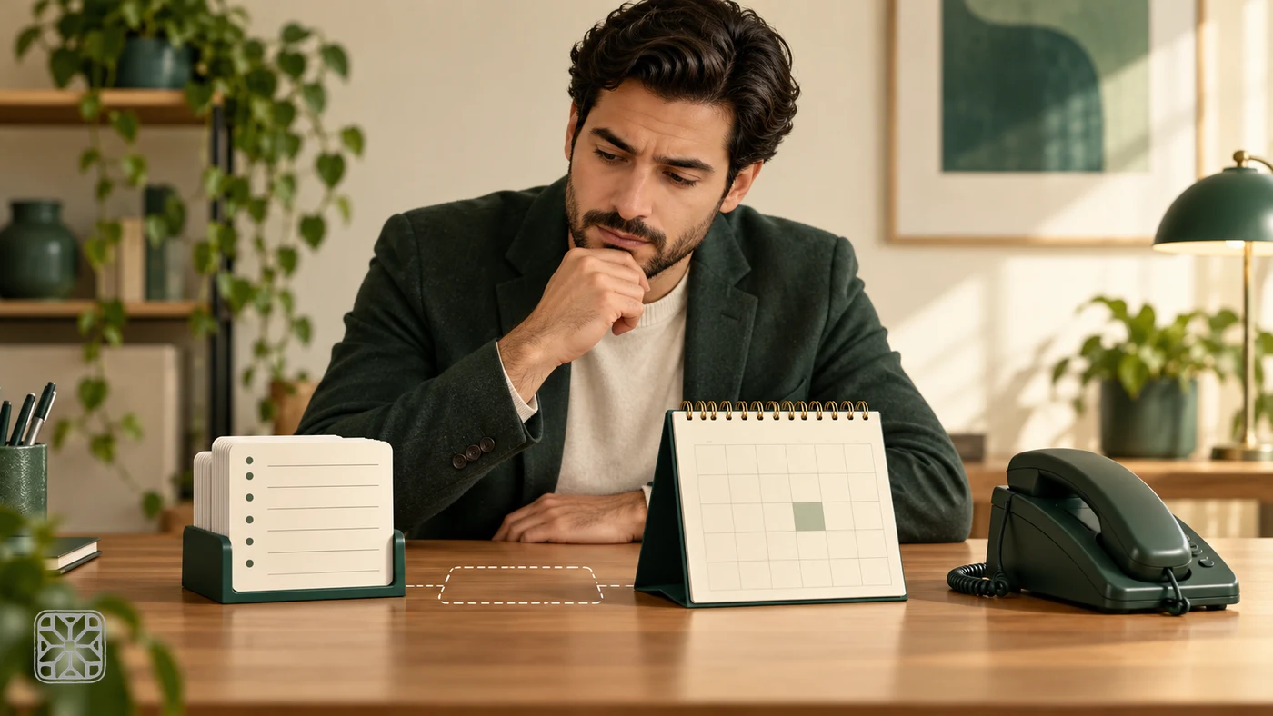 مدیر کسبوکار در حال بررسی دفتر نوبتها، تقویم و تماسها برای شناسایی مشکل فعلی