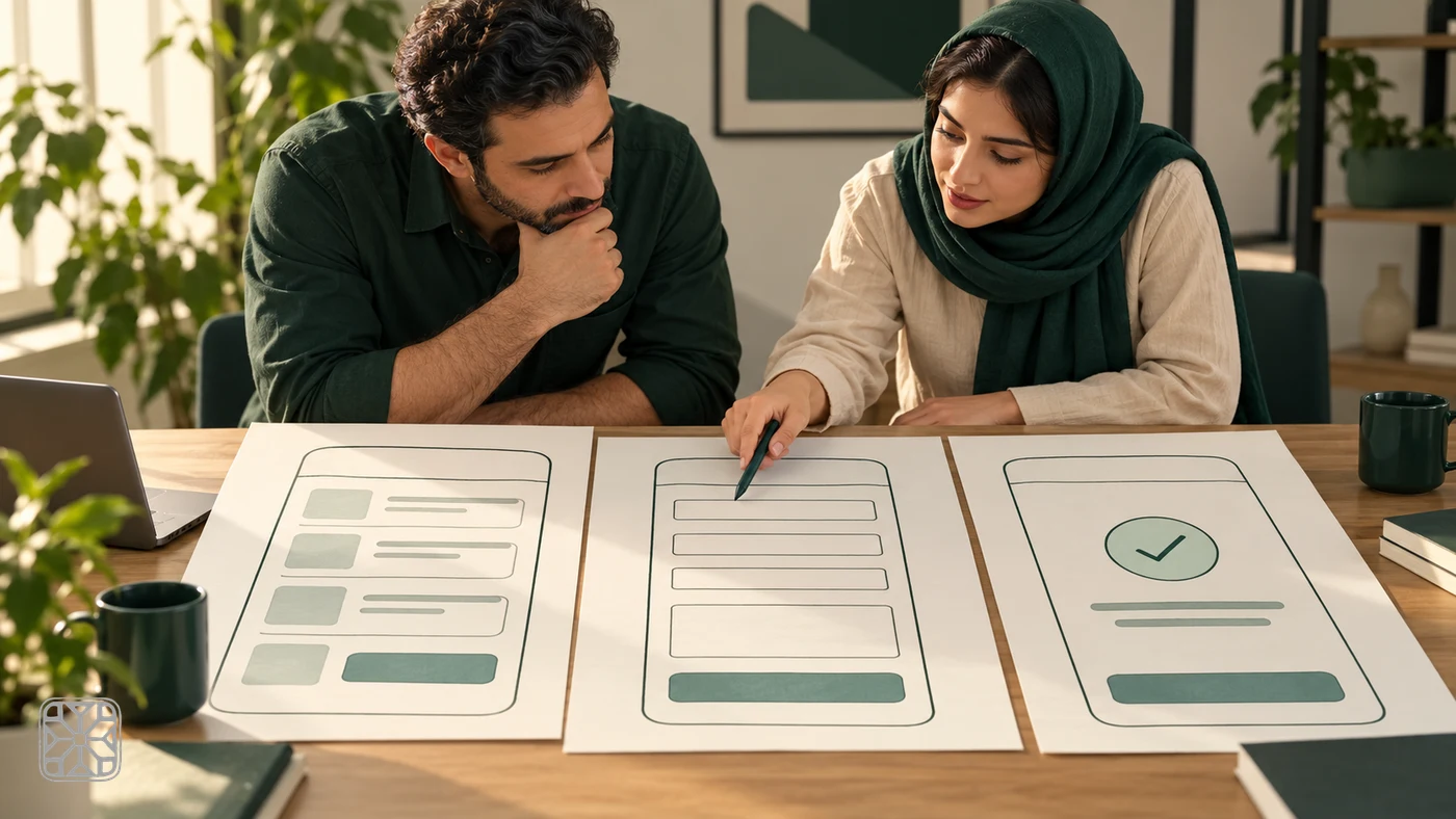 برگههای طرح اولیهٔ فهرست نوبتها، فرم ثبت و صفحهٔ تأیید در جلسهٔ مدیر و طراح